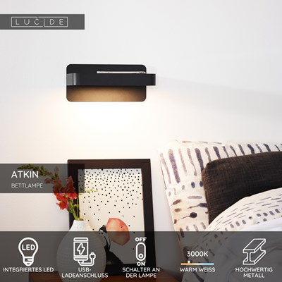 Lucide ATKIN - Bettlampe / Wandleuchte - LED - 1x6W 3000K - Mit USB-Ladepunkt - Schwarz